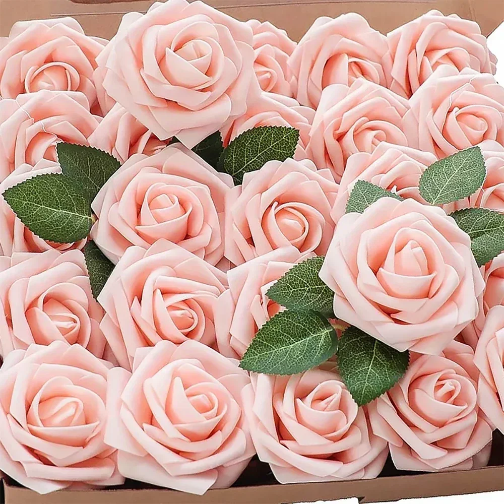 5-50Pcs Artificial Roses Flowers Foam Fake Rose Heads With Stems For DIY Wedding Bouquets Home Party Tables Decorations Supplies