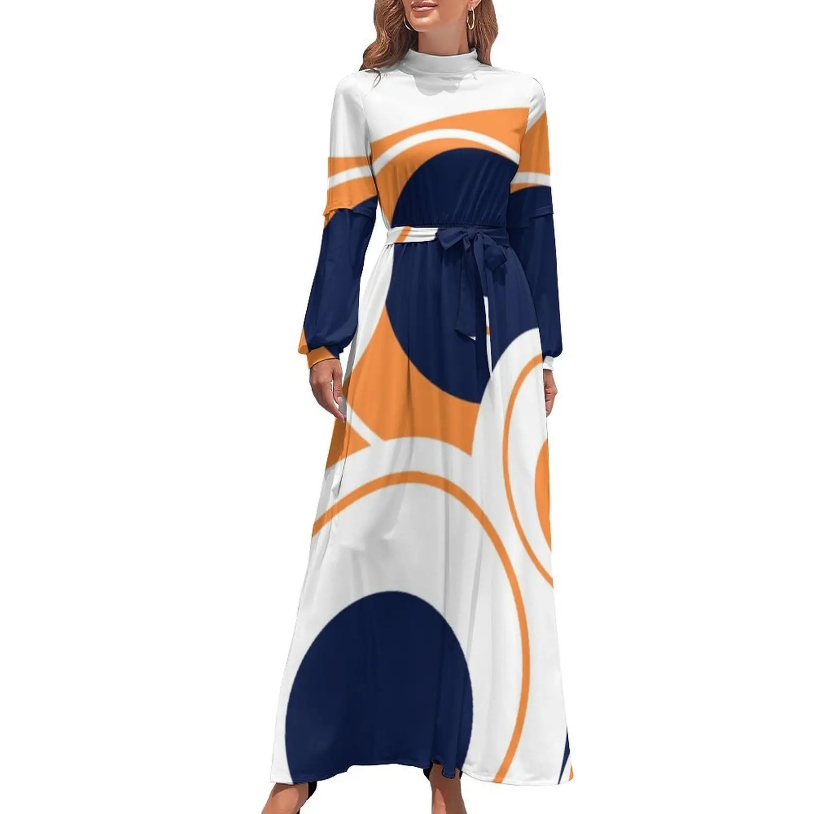 thumbnail image 1 of Vestido largo con diseño de círculo abstracto en color azul marino, naranja y blanco, vestidos de cumpleaños para mujer, vestido de dama de honor para mujer, 1 of 5