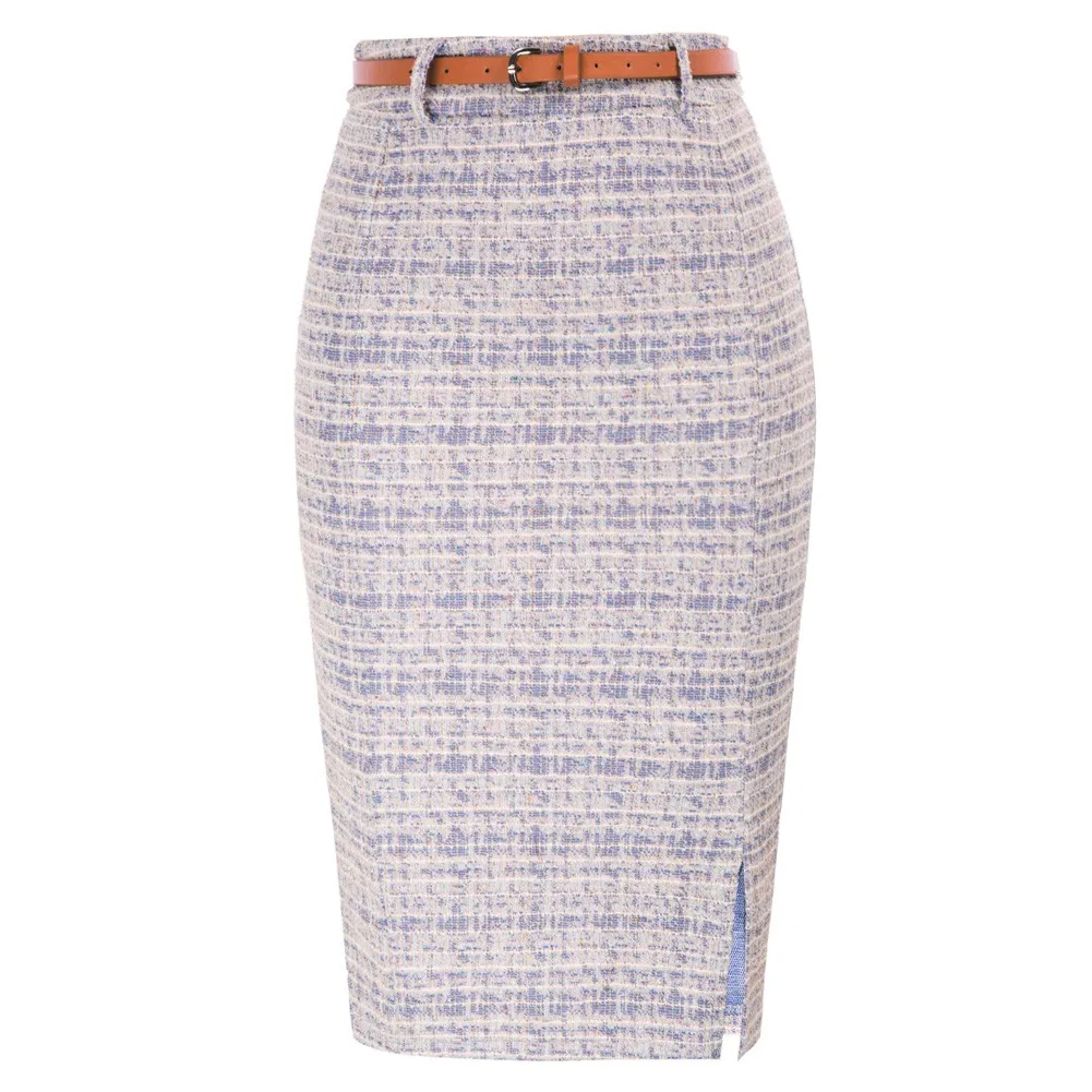 KK Women Fashion Office Pencil Skirts With Belt High Waist Knee Length Front Slit Skirts Tweed Package Hips Latticed Printed