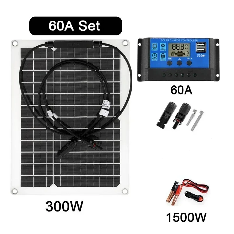 12/24V Camping Power Generation 300W Solar Panel Kit Charger 10A/60A Home Controller Power System 2024 New Model
