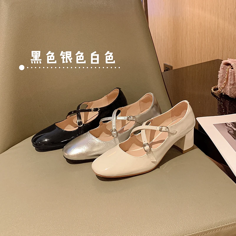 

2023 spring women pumps natural leather 22-24.5cm length cowhide+pigskin full leather round toe Cross buckle Mary Jane shoes