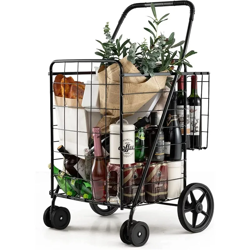 

SUGIFT Folding Shopping Cart with Swivel Wheels Jumbo Basket for Grocery Laundry Travel, Black