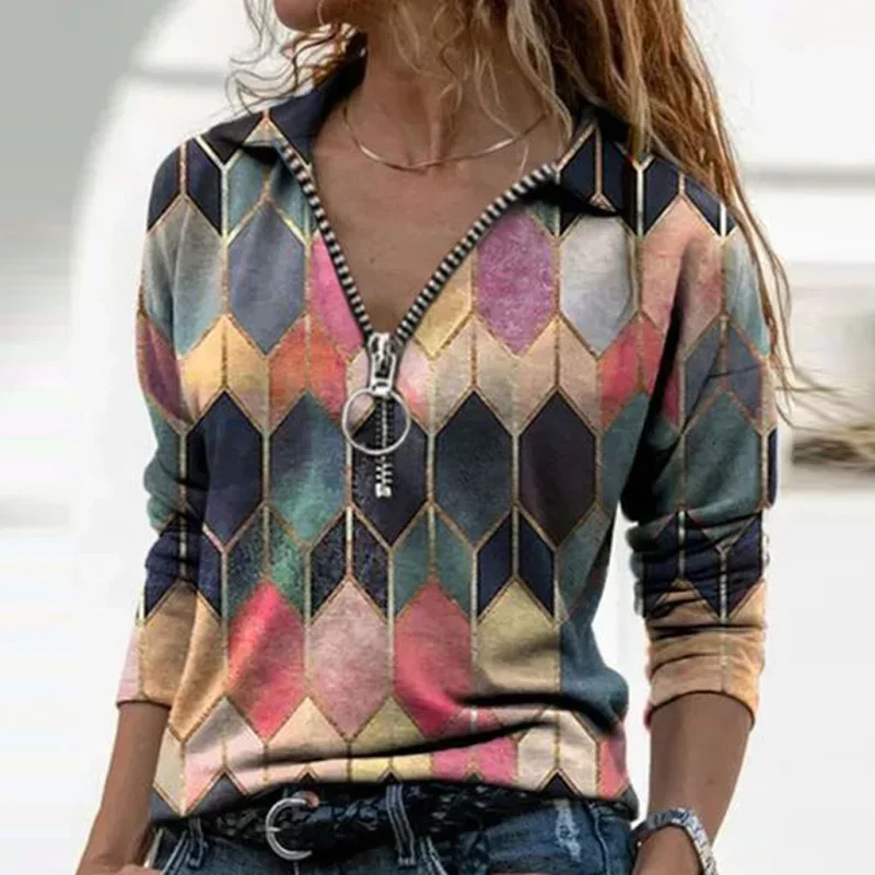 Женская свободная рубашка-поло с длинным рукавом и V-образным вырезом