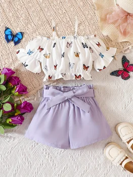 Girls' Summer Fashion Butterfly Print Camisole Set 1