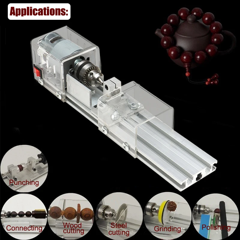 100W 12-24V cnc Mini Lathe Machine Tools Set Wood Lathe Drill Rotary Tool DIY Woodworking Buddha Pearl Grinding Polishing Beads