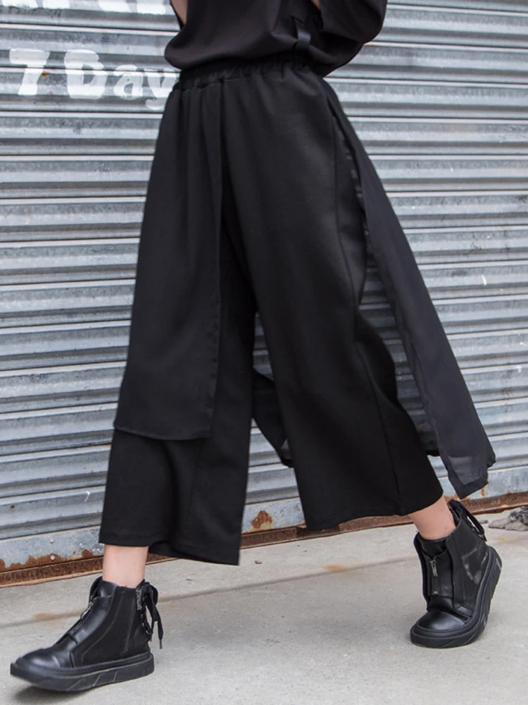 [EAM] High Elastic Waist Black Chiffon Asymmetric Pants New Loose Fit Trousers Women Fashion Tide Spring Autumn 2026 1DF4656