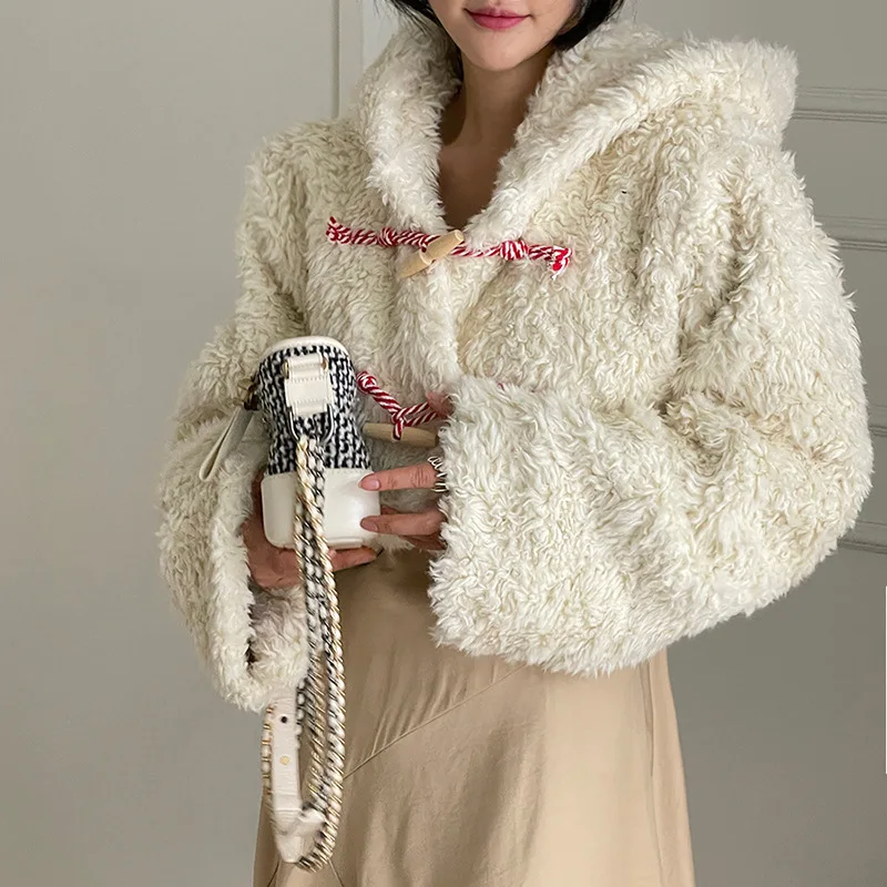 Winter Lamb Plush Hooded Jacket Candy-colored Hemp Rope Horn Buckle Loose Short Warm Double-faced Fleece Jacket Women Fashion
