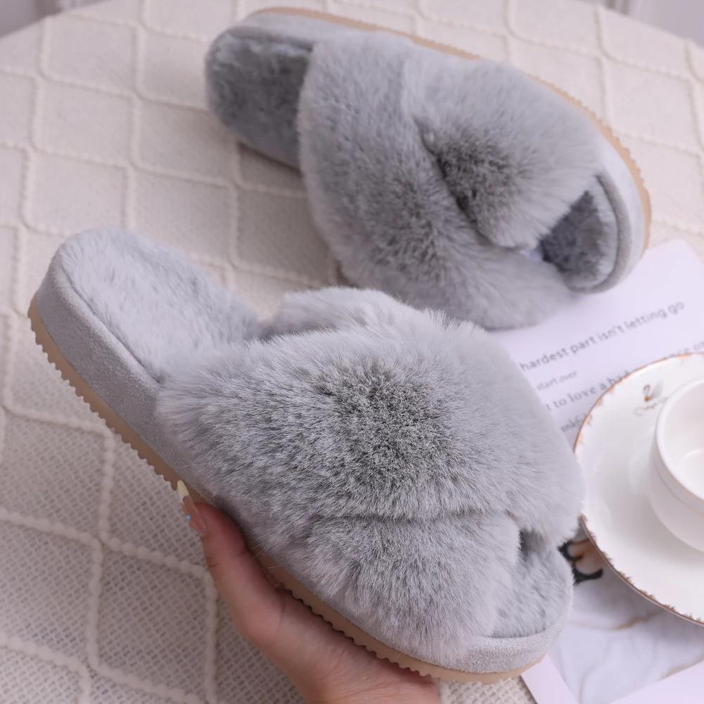 Comwarm Women's Cross Band Fuzzy Slippers Fluffy Open Toe