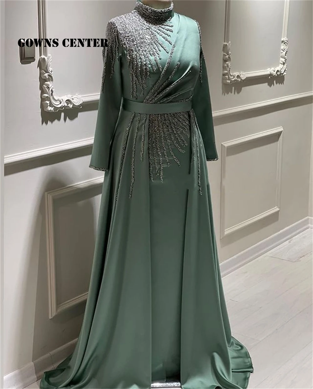 Vestidos de Fiesta musulmanes de manga larga mujer, de Formal elegante para boda, con tren desmontable, línea A, cuello alto, Dubai| | - AliExpress