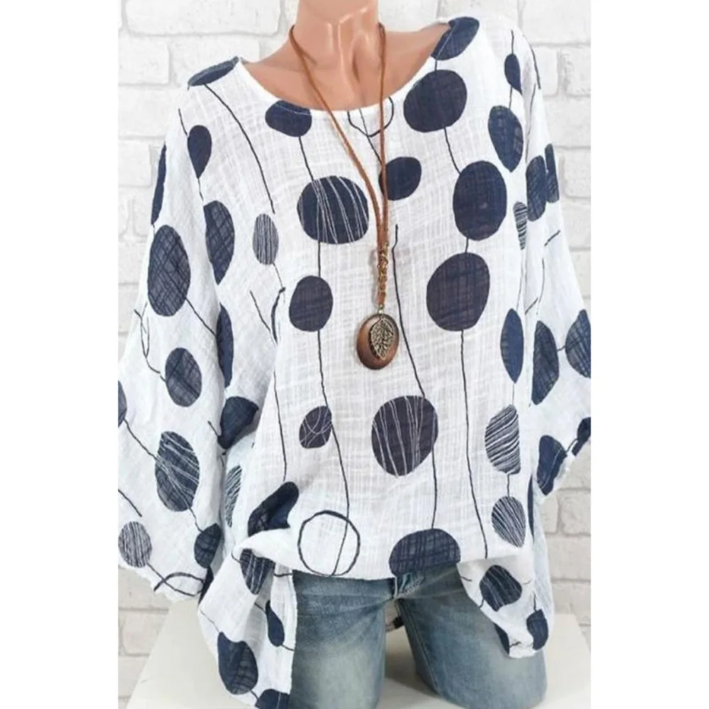 Plus Size Casual White Linen Geometric Print 3/4 Sleeve Blouse 2020 new design plus size tops for women linen cotton shirt o neck 3 4 sleeve loose casual floral print blouse femme