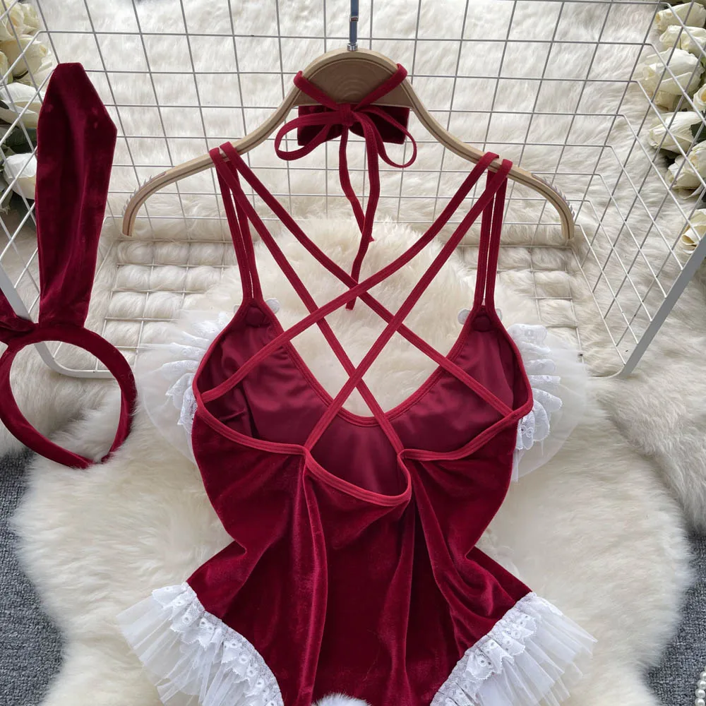 Chillgio Frauen Velours Riemchen Bodys Mode Erotik Anzüge Bodycon rücken freie Kombination Cat suits sexy Spitze Patchwork Stram pler – Detail 12
