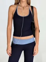 Elegant Two Piece Set with Scoop Neck Sleeveless Top and High Waisted Pants in Contrasting Colors for Women s Fashion