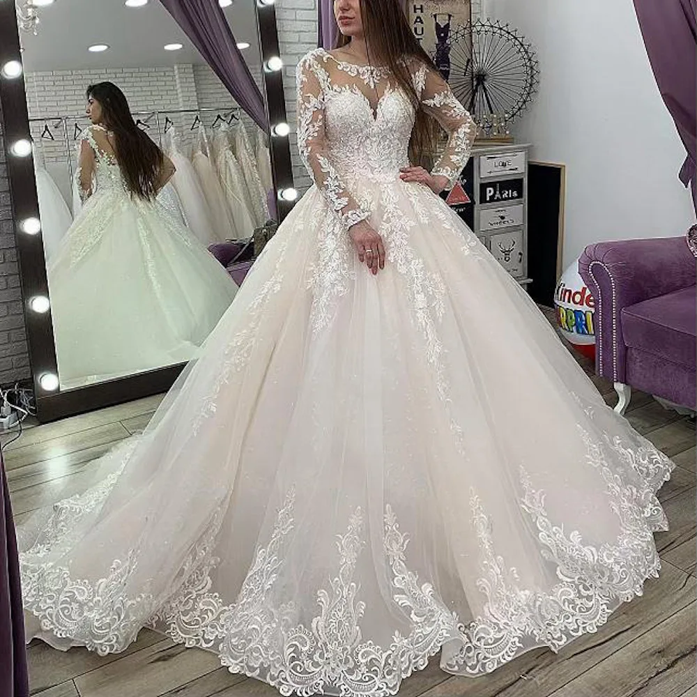 

Elegant Ball Gown Women Wedding Dresses Long Sleeves Appliques Court Train Bridal Gowns Formal robe mariage