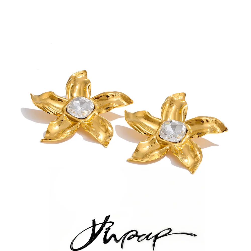 Yhpup Stainless Steel Flower Crystal Stud Jewelry 18K Golden PVD Plated