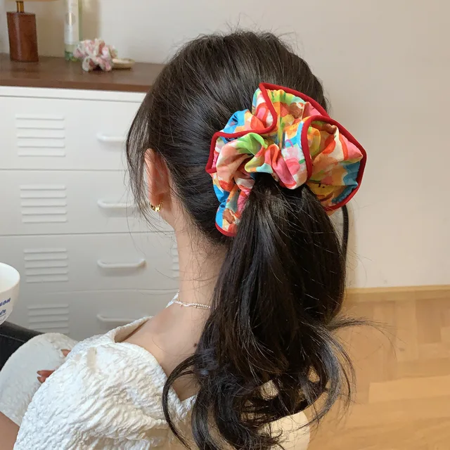Korean Fashion Big Printed Scrunchie Women Girls Elastic Hair Tie Rope Rubber Hairband Headdress Hair Accessories Ponytail Holde 2