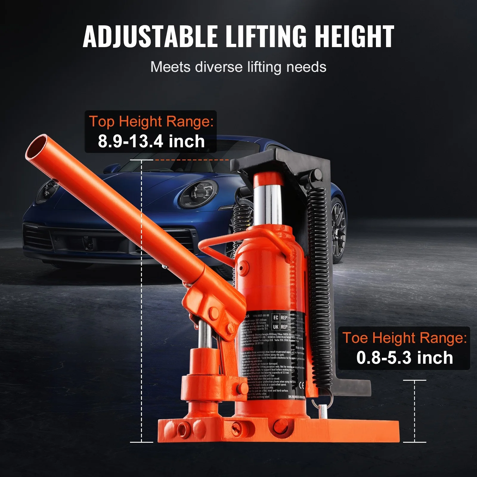 SucceBuy Hydraulic Toe Jack 2.5T Toe Jack Lift 0.8-5.3in Toe Height 8.9-13.4in Top Height, Air Hydraulic Claw Jack for Machinery