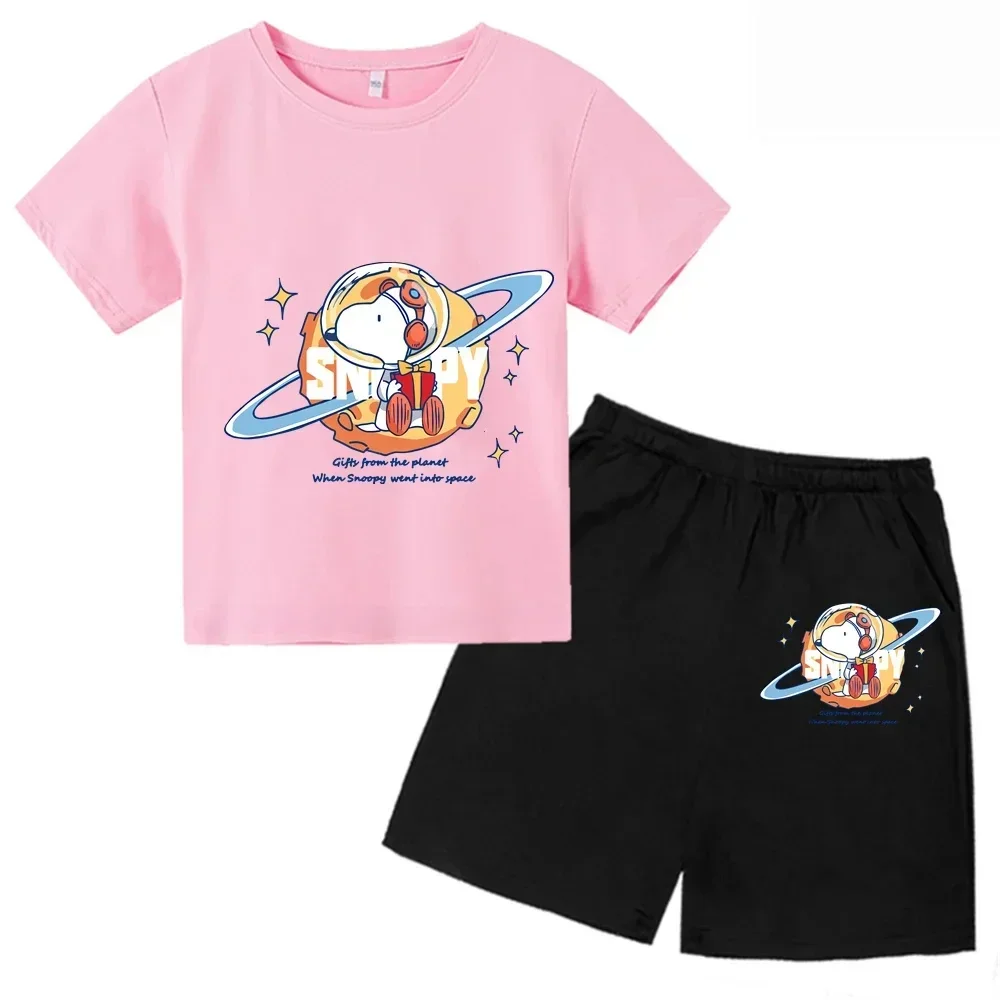 thumbnail image 1 of Conjunto de camiseta de verano con estampado de Snoopy para niños y adolescentes, camiseta de algodón de manga corta y pantalones cortos, traje de 2 piezas, ropa de moda para niños, 1 of 4