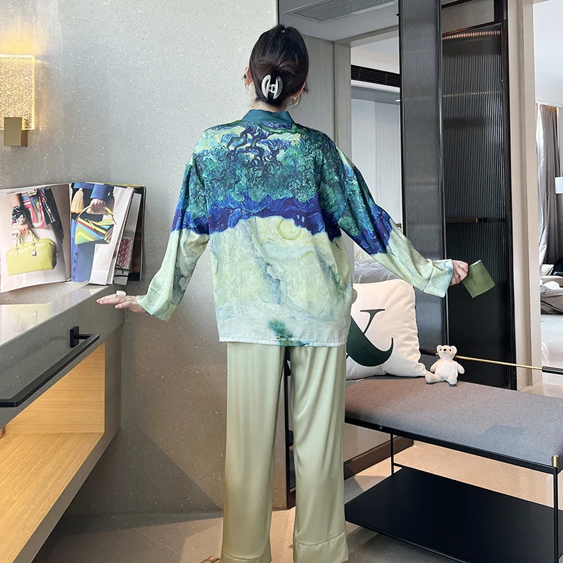 Women Pajamas Set Luxury Style Painting Print Satin Silky V Neck Nightie Home Suit