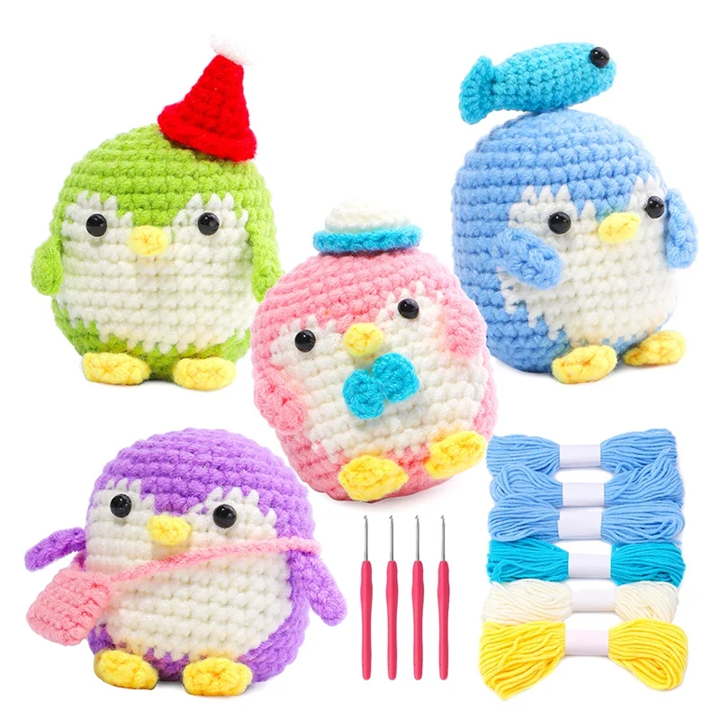 

4Pcs DIY Crochet Penguin Kit With Hand Knitting Yarn Needles Plush Doll Easy(Blue,Green,Purple,Pink) Easy Install