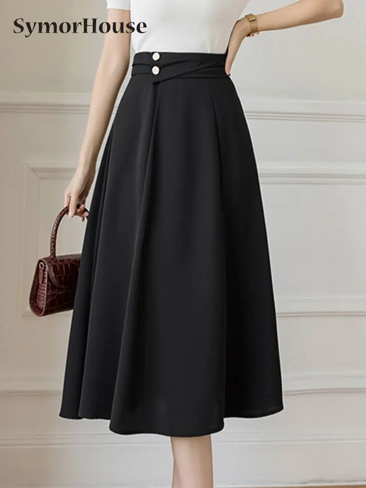 

Summer Autumn New Vintage Pleated Skirts Women High Waist Elegant All-Match Office Lady Simple A-line Midi Skirt Female Clothing