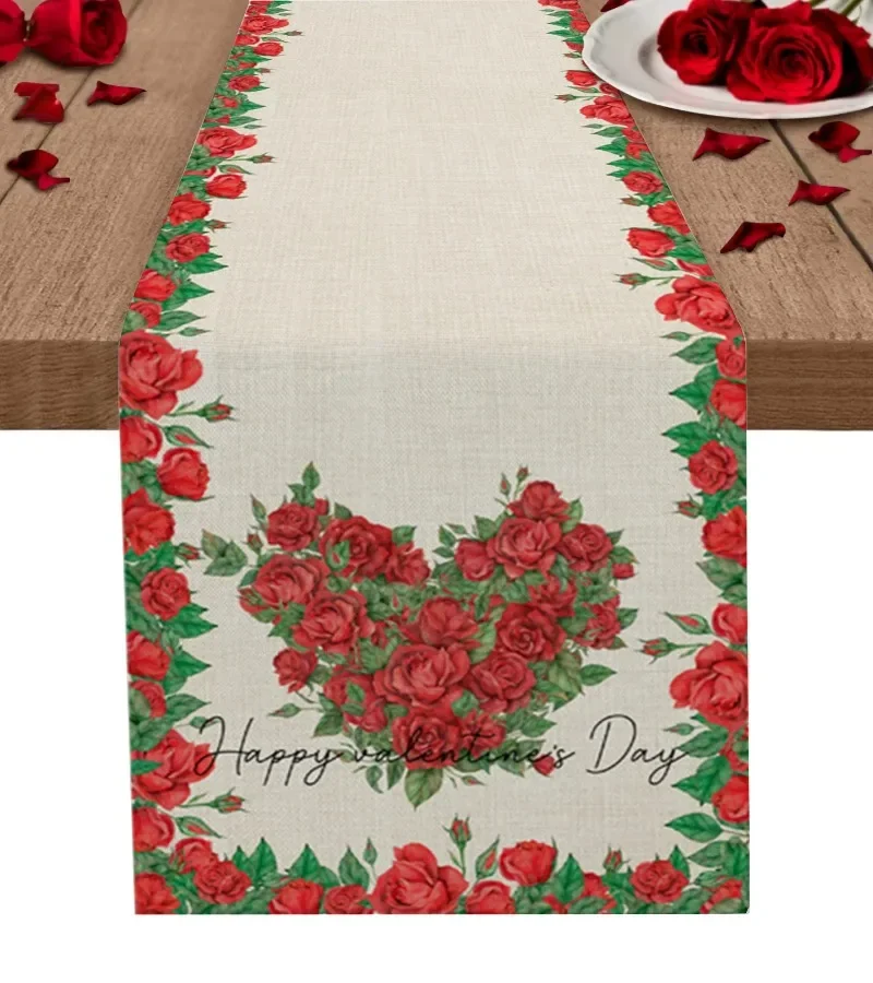 

Valentine'S Day Red Rose Flower Table Runner Wedding Dining Decoration Holiday Dining Tablecloth