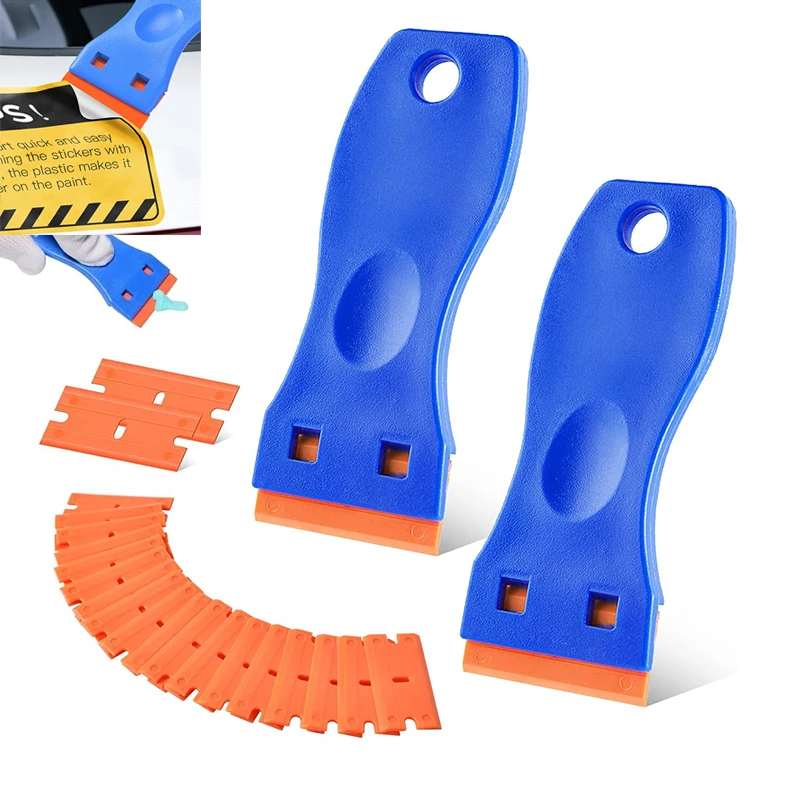 2Pcs Plastic Razor Blade Scrapers Glue Remover with 20Pcs Blades Car Glass Cleaning Razor Scraper for Removing Stickers Labels