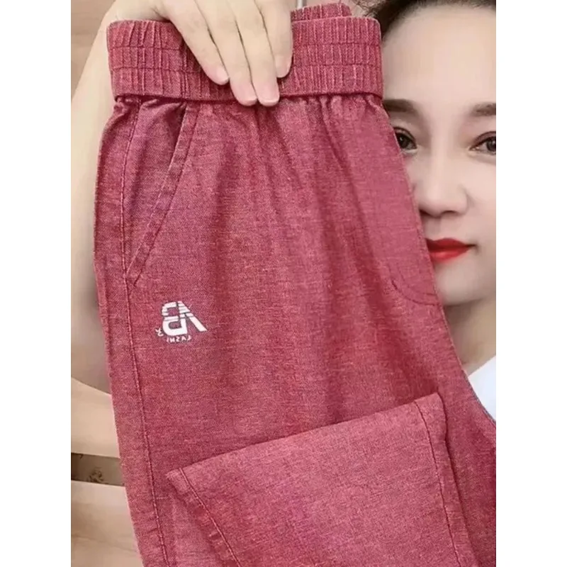 Women Large Size Fashion New Casual Trousers Summer Cotton Linen Harem Pants Mom's Vintage Spodnie Baggy Straight Sweat Pants cotton linen pants women spring summer large size solid color harem pants elastic waist loose casual woman