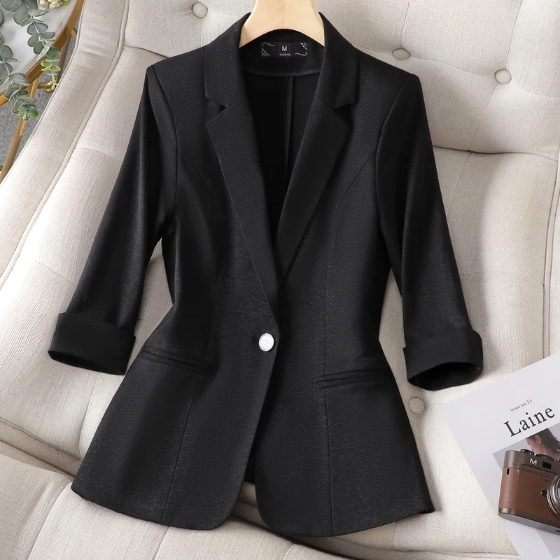 NAVIU Ladies Women Blazer Spring New Professional Half Sleeve Jacket Solid Color Simple Party Coat Blue Black Yellow Pink 3