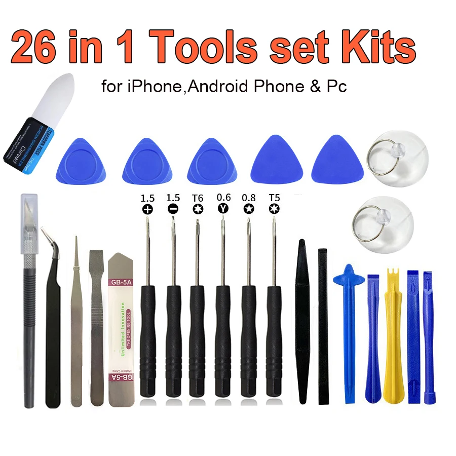 Kit Professionale 26 in 1 per Riparazione Cellulari, Cacciaviti con Leva per Apertura Schermo e Ventosa per iPhone Samsung Xiaomi