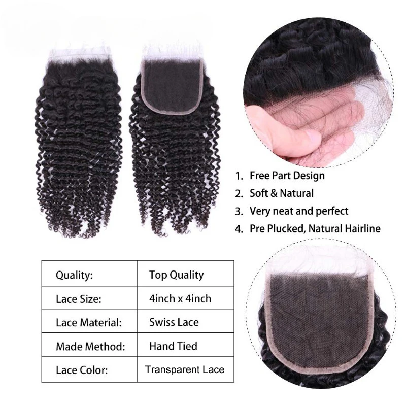 Kinky Curly Lace Closure 4x4 Free Part Virgin Human Hair Extensions Transparent Lace Closure Nature Color Soft and Silky