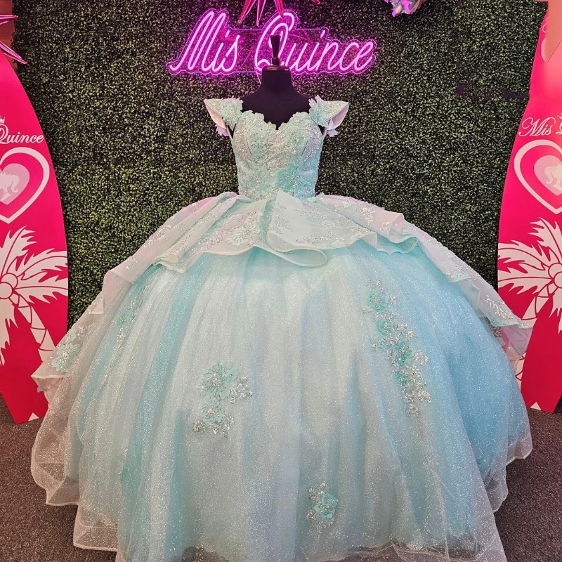 

Aqua Blue Shiny Quinceanera Dresses Princess Sweet 16 Girls Applique Lace Beads Party Prom Dress Pageant Wear 15 vestidos de xv