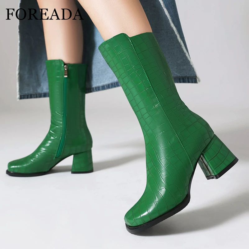 

FOREADA Women Mid Calf Boots Round Toe Chunky High Heels Zipper Concise Design Ladies Fashion Shoes Winter Black White Green 43