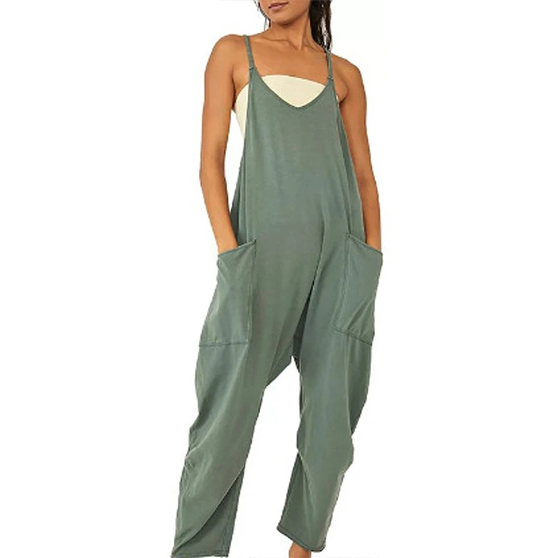 Molizhi Spaghetti Long Length Pocket Jumpsuit, Casual Sleeveless Loose Zip Back Jumpsuit, Women's Clothing