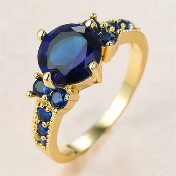 Gougeous Blue Crystal Round Stone Engagement Rings For Women Vintage Gold Color Wedding Band Birthstone Jewelry Trendy Accessory