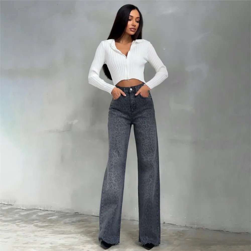 Elegant Grey Leopard Printed Y2k Jeans High Waist Straight Wide Leg Vintage High Street Formal Retro Black Jeans Pants Women