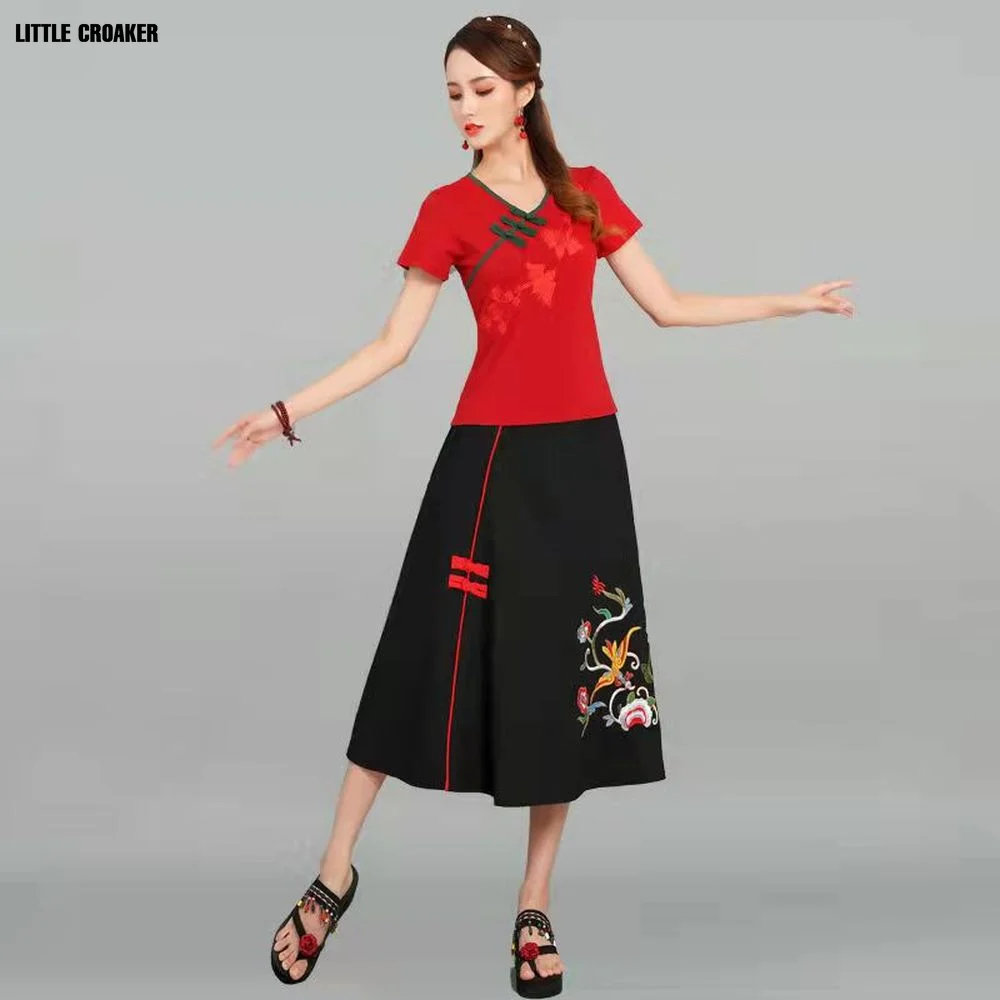 Cotton Linen Traditional Chinese Vintage Cheongsam Tops Embroidery Women O-neck Loose Style Clothing Retro Skirt Outfits
