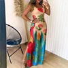Boho Womens Summer Dress Retro Print Casual Slim Slit Square Neck Sleeveless Strappy Elegant  Tank Dresses For Women Robe