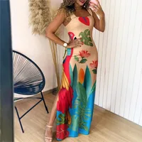Boho Womens Summer Dress Retro Print Casual Slim Slit Square Neck Sleeveless Strappy Elegant  Tank Dresses For Women Robe