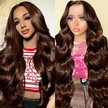 200% #4 Body Wave Human Hair Wig Chocolate Brown Wavy HD Lace Frontal Wig 13x4 Pre Plucked Body Wave Lace Front Wig Natural 1