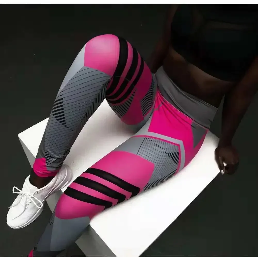 Casual Sports Pants Plus Size Fitness Clothing Women Elastic Sporting Leggings Gradient Color Stripe Print Workout Legging Push Up Leggins casual sports pants