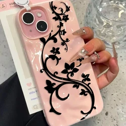 Elegant Black Floral Soft Silicone Phone Case Cover - iPhone 15 (Pink)