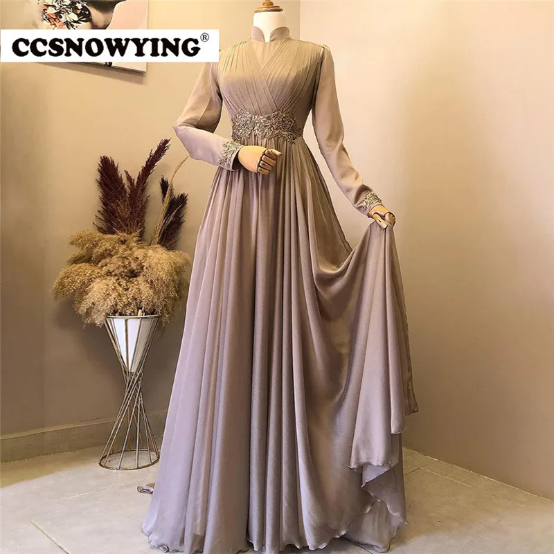 

Fashion A Line Appliques Chiffon High Neck Long Sleeve Prom Dress Formal Occasion Dresses Arabic Dubai Kaftan