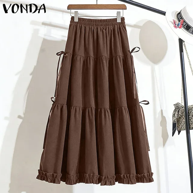 VONDA Plus Size 5XL Women Elegant Bow Maxi Skirts Fashion High Waist Pleated Ruffled Long Skirts Elastic Waist Jupes Faldas Saia