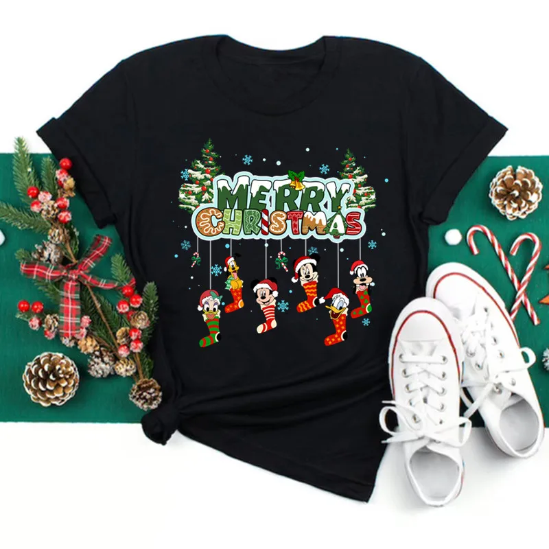 

Merry Christmas Black Disney Print T-shirts Women Kawaii Y2K 90S Santa Claus Sweetshirts Female Tops Tee Harajuku Clothing