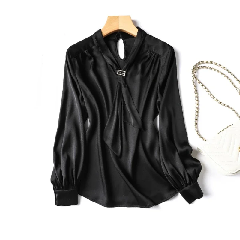 

Атласные женские рубашки, свободные однотонные шелковые винтажные блузки, элегантная одежда, модные женские Топы с длинным рукавом и бантом YCMYUNYAN