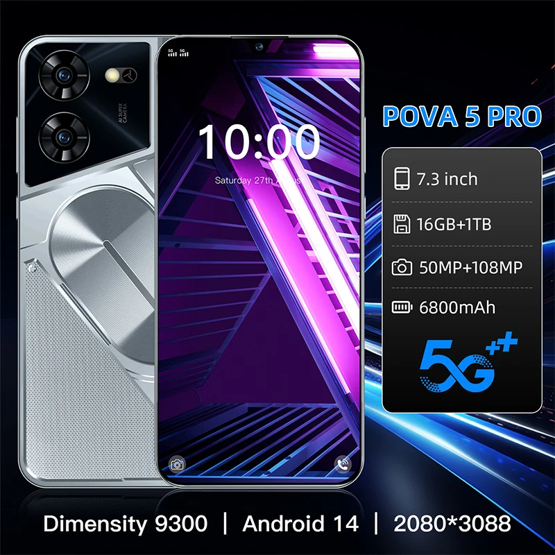 

Pova 5 Pro Smartphone Global Version 16gb+1tb 7.3'' Hd+ Android 14 6800mah 5g Gaming Phone Dual Sim Phone Dimensity 9300 Phone