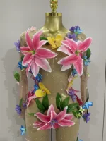 2025Sparkly Rhinestones 3D Flower Nude Mesh Transparent Jumpsut Women Evening Party Birthday Nightclub Performance Stage Costume - Image 5