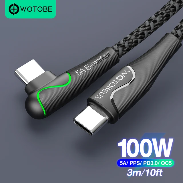 Cable USB tipo C de carga rápida para teléfono móvil, Cable LED de codo de  90 °, PD100W, 3m/10 pies, 5A, e-mark, PD, Xiaomi, Samsung S21, Honor -  AliExpress