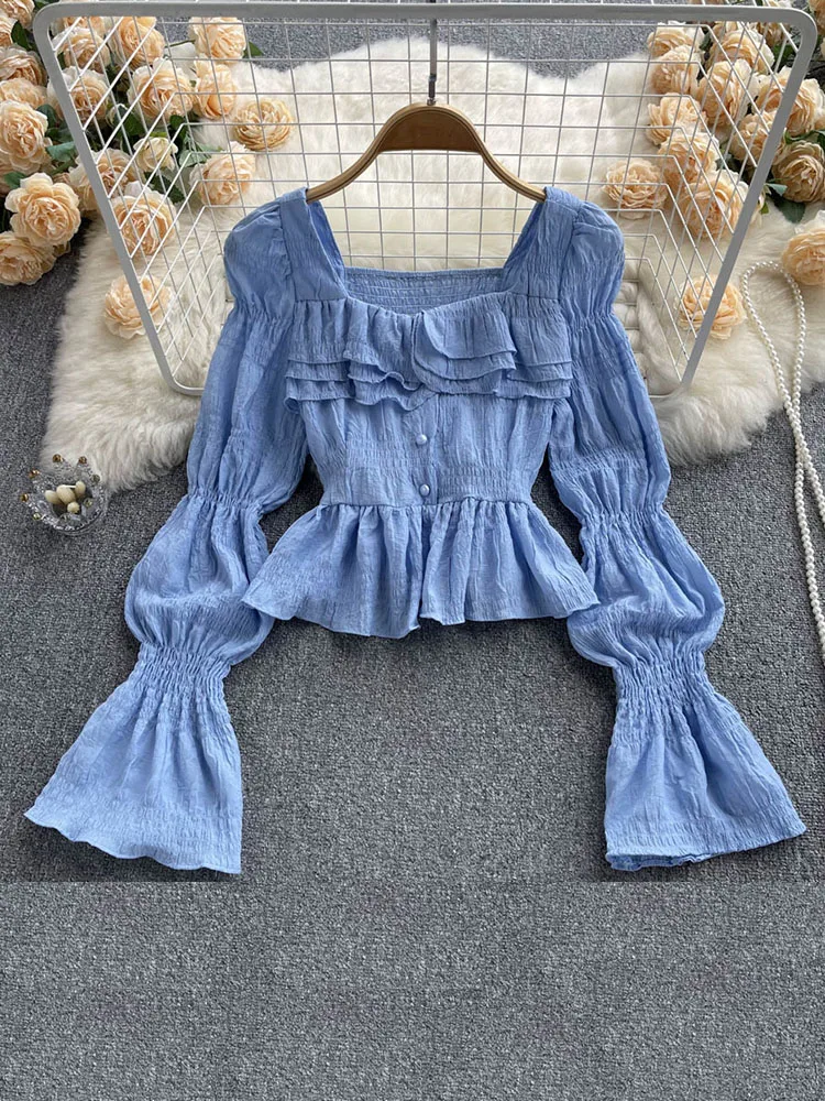 

Women Spring Blouse Waist blouse early autumn new female French ruffled square collar chic beautiful small shirt flared D4776