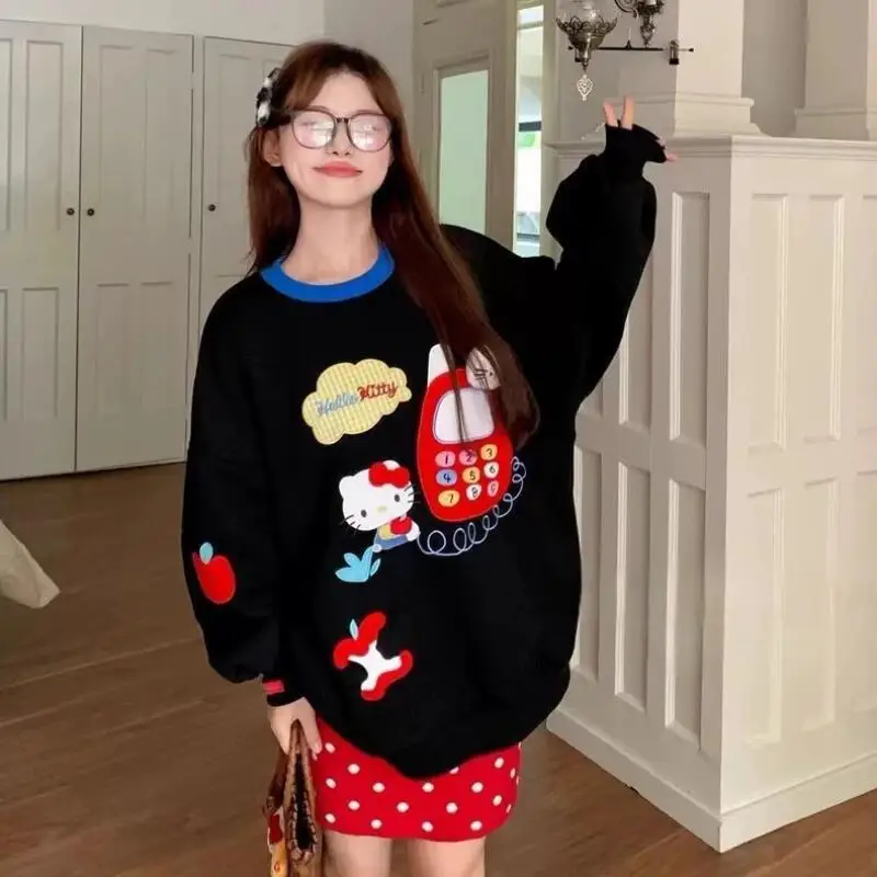 Sanrio Anime 헬로 키티 긴팔 스웨트 셔츠 카와이 가을 프린트 후드 코튼 걸스 탑 루즈 캐주얼 대형 탑